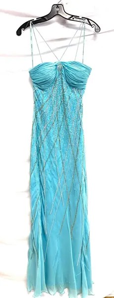SCALA Синее шелковое платье с рюшами и пайетками и бисером Tiffany, размер S = 4/6