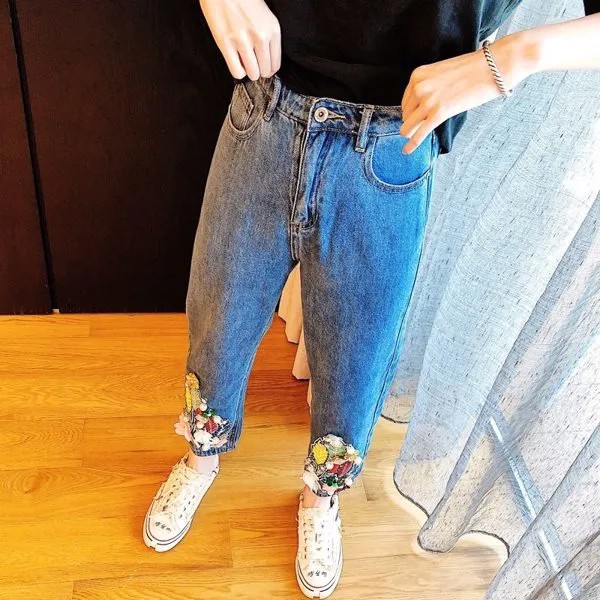 Дизайнерские женские прямые джинсы с завышенной талией, Модные свободные Роскошные джинсовые брюки с Блестками, Бисером, цветами, повседне...