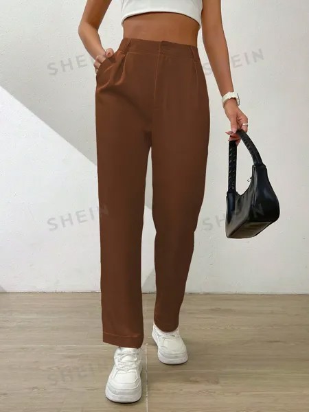 SHEIN Essnce Однотонные широкие брюки со складками и наклонными карманами, мокко браун