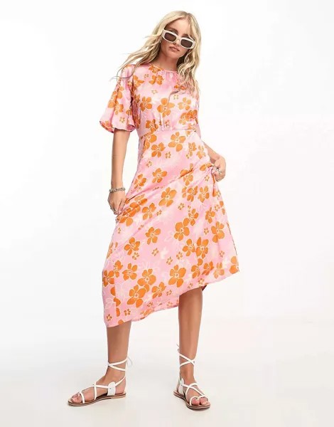 Атласное чайное платье миди Influence с розовым цветочным принтом