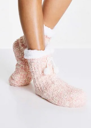 Розовые меланжевые носки-слиперы вязкой косами с подкладкой из искусственного меха Loungeable-Розовый цвет