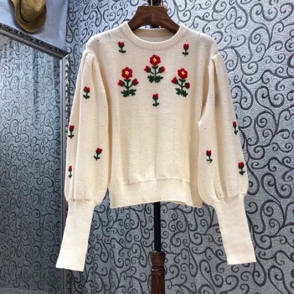 Женский трикотажный свитер с цветочной вышивкой, Повседневный пуловер абрикосового цвета с длинным рукавом, Осень-зима 2021
