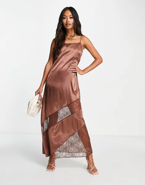 Шоколадное платье-комбинация миди с кружевными вставками Topshop