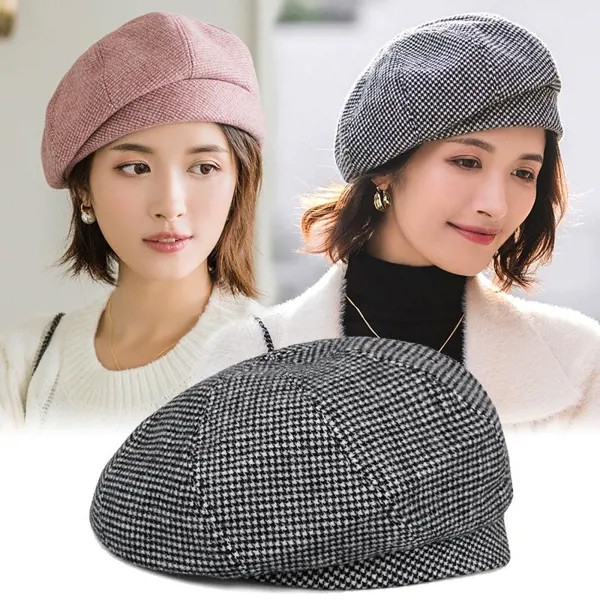 Belle Hat женский корейский стиль Дикий японский Houndstooth берет ретро восьмиугольная шляпа женский британский художник шляпа