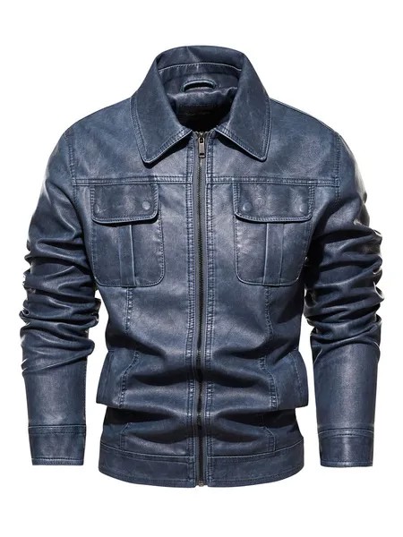 Milanoo Men\'s Leather Jackets Zipper PU Leather Thicken Moto Fashion Layered Dazzling Blue