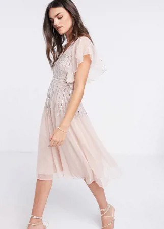 Розовое приталенное платье миди с пайетками и рукавами-кимоно Frock and Frill-Розовый цвет