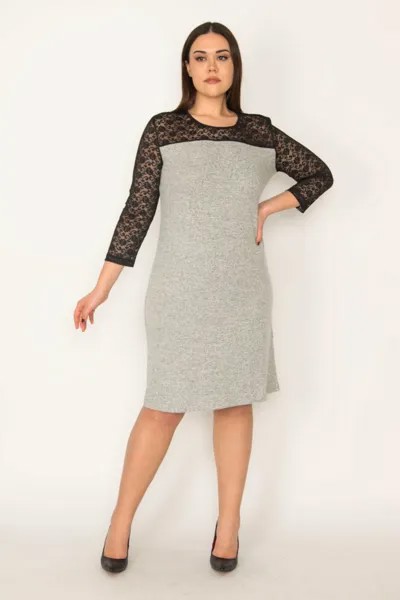 Женское серое кружевное платье большого размера с рукавами 65n23654 Şans, серый