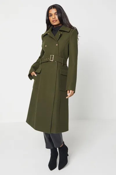 Пальто на пуговицах с поясом и шерстяным эффектом Petite Oasis, зеленый