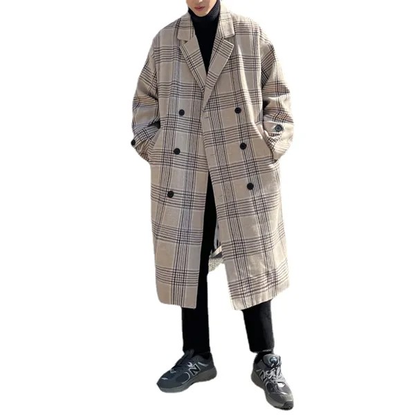 2021 шерстяное пальто в клетку средней длины мужская осенне-зимняя трендовая универсальная ветровка в гонконгском стиле свободная красивая ...