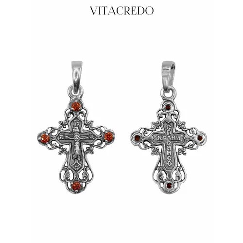 Крестик VitaCredo, серебро, 925 проба, чернение, гранат синтетический, размер 3 см., серебро