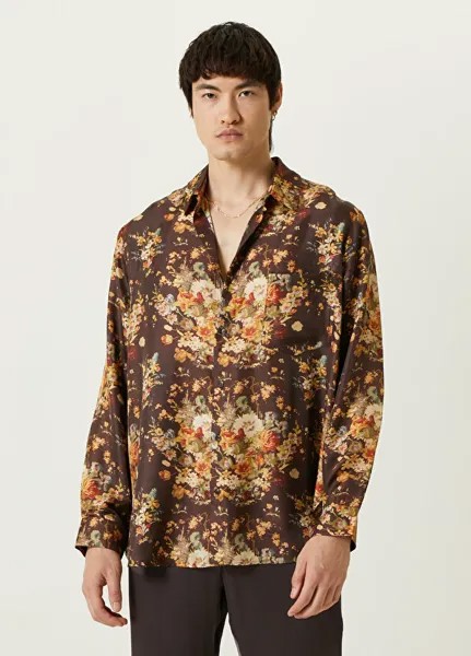 Коричневая шелковая рубашка с цветочным узором Nanushka