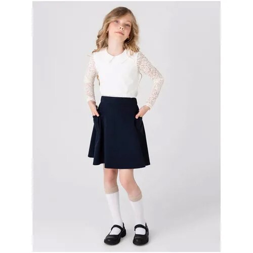 Школьная юбка-полусолнце Sherysheff, миди, карманы, размер 134, синий