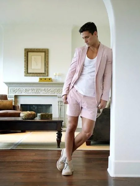 Новейший дизайн пальто и брюк, ярко-розовый Повседневный пляжный мужской костюм, короткие брюки, облегающие костюмы для жениха из двух пред...