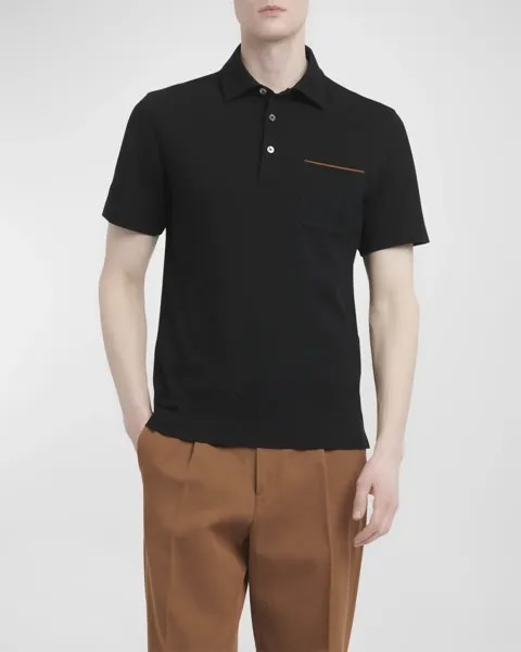 Мужская хлопковая рубашка-поло с кожаным карманом ZEGNA, цвет Black Solid