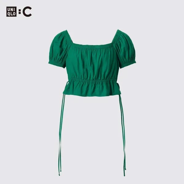 Блузка UNIQLO Gather укороченная с короткими рукавами, зеленый