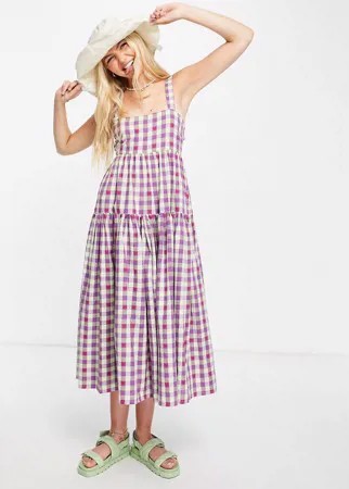 Сарафан миди в жаккардовую зеленую и фиолетовую клетку ASOS DESIGN-Multi
