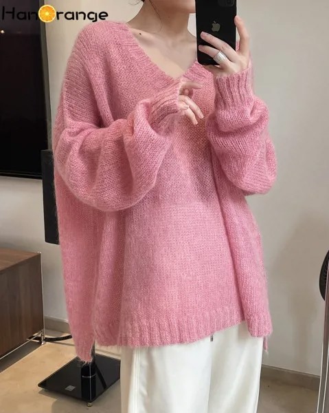 HanOrange Весна 2022 женский модный шерстяной свитер с v-образным вырезом вязаный свитер из мохера Свободный Пушистый пуловер