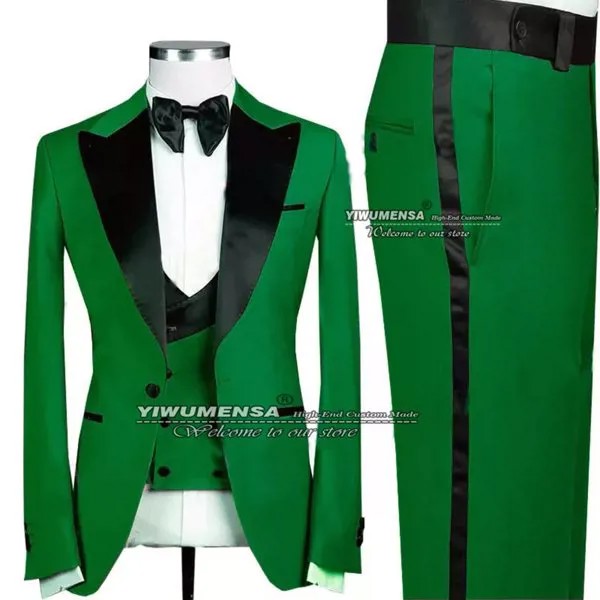 Мужской костюм из трех предметов, зеленый пиджак с отложным воротником, жилет и брюки, свадебный смокинг в английском стиле, весна/осень