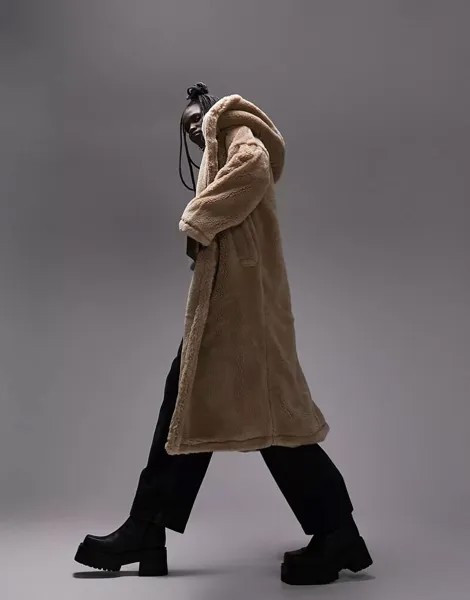 Светло-коричневое пальто с капюшоном Topshop