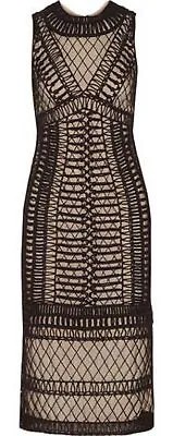 Черное телесное платье миди ALICE + OLIVIA, связанное крючком в технике макраме и украшенное бисером, NAT 8 US