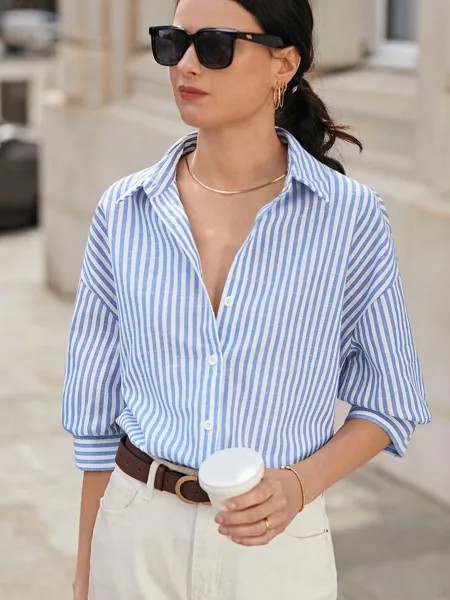 SHEIN Французская женская летняя рубашка, в полоску, свободная, повседневная, со спущенными плечами, голубой