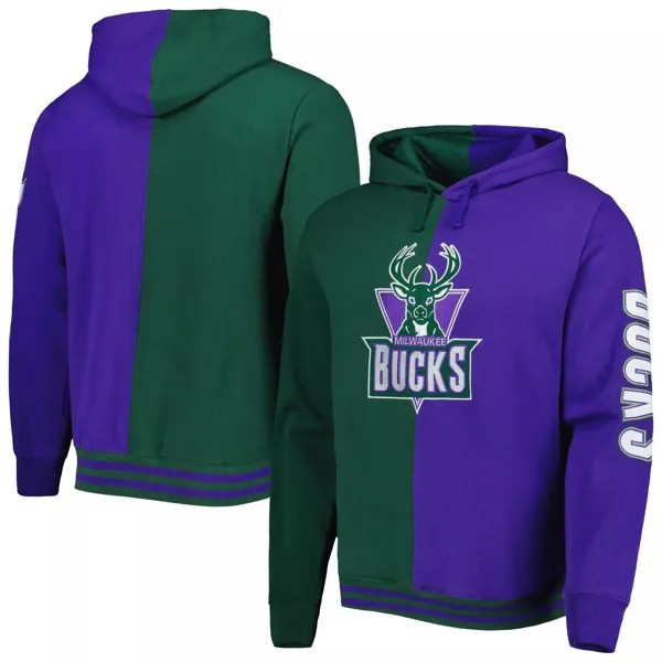 Мужской Mitchell & Ness Hunter зеленый/фиолетовый Milwaukee Bucks Big & Tall Classics из твердой древесины пуловер с капюшоном
