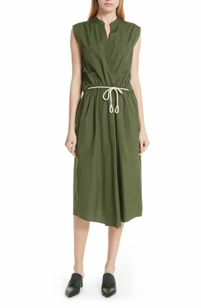 VINCE Хлопковое платье миди цвета кедра зеленого цвета с поясом и открытым вырезом сзади, L ~ 12