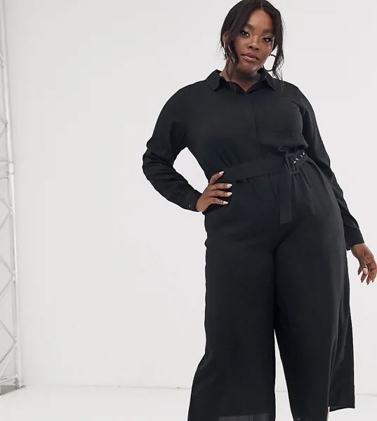 Комбинезон-кюлоты в стиле рубашки с поясом ASOS DESIGN Curve-Черный