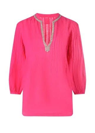Розовая льняная блуза с V-образным вырезом 120% Lino
