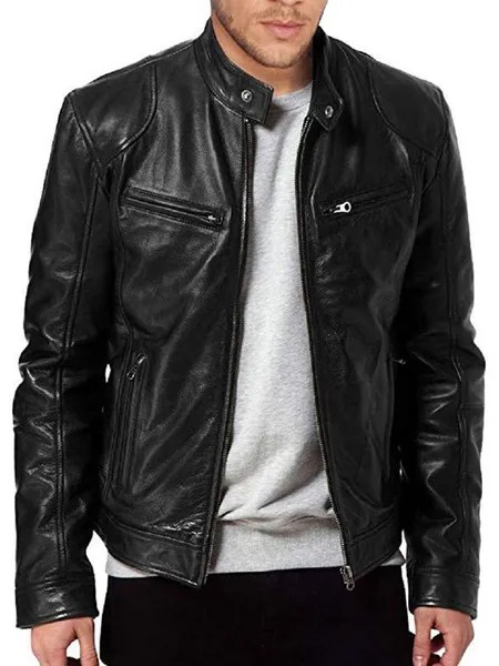 Milanoo Men Leather Jackets PU Leather Windbreaker Black Smart Cool Winter Coats