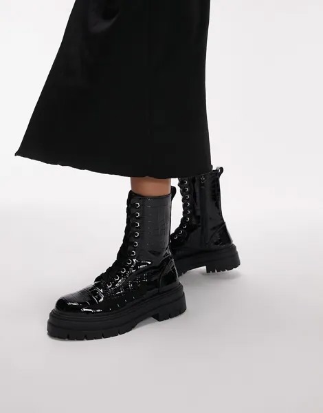 Черные лакированные ботинки Topshop Karter со шнуровкой под крокодила