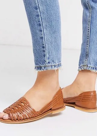 Светло-коричневые плетеные кожаные сандалии для широкой стопы ASOS DESIGN-Коричневый цвет
