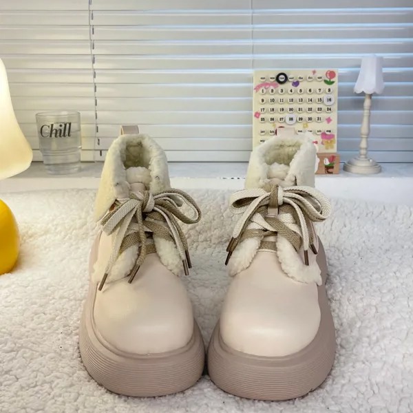 Новинка 2022, женские ботинки, зимние короткие плюшевые белые ботинки на платформе, обувь для девочек в стиле «Лолита», японские ботильоны JK, ж...