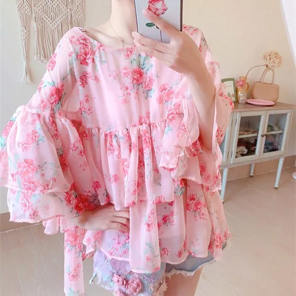 Женские шифоновые блузки с оборками, повседневные шифоновые блузки большого размера с цветочным принтом в стиле Лолиты, корейский стиль, лето