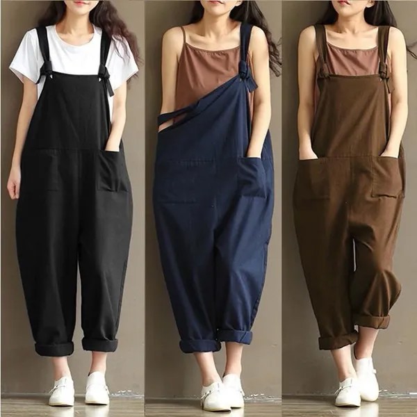 Мода Женщины Девушки Свободный твердый комбинезон Ремешок Dungaree Гарем Брюки Женские общие брюки Повседневные комбинезоны Плюс Размер M-3XL