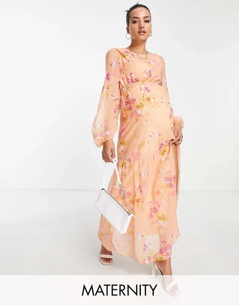 Платье макси персикового цвета с цветочным принтом Hope & Ivy Maternity с вырезами и объемными рукавами