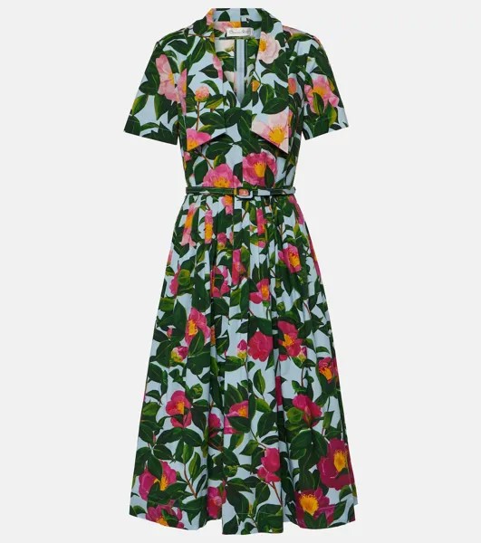 Платье миди из хлопкового поплина с цветочным принтом Oscar De La Renta, мультиколор