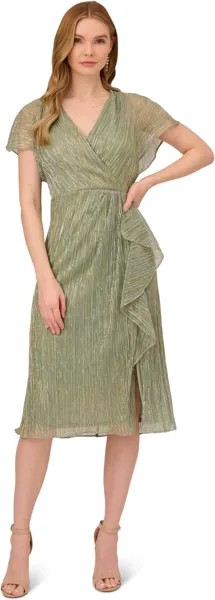 Коктейльное платье цвета металлик с развевающимися рукавами и складками Adrianna Papell, цвет Green Slate