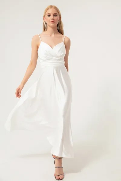 Женское белое атласное вечернее платье миди с веревочным ремнем и поясом на талии и выпускное платье Lafaba, белый