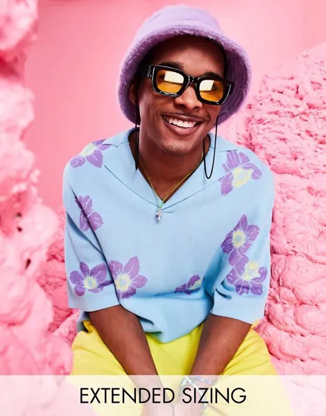 Бирюзовое трикотажное oversized-поло на пуговицах с цветочным рисунком ASOS DESIGN-Голубой