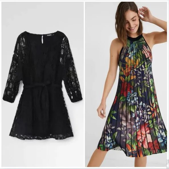 Внешняя торговля, испанское Новое Женское платье Desigual, черное платье с круглым вырезом и вышивкой, сексуальное платье с поясом