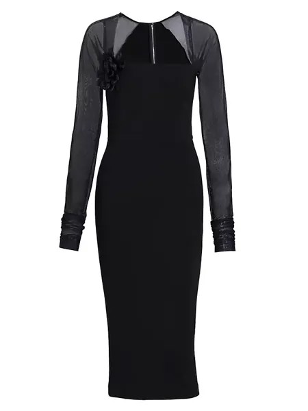 Платье-футляр миди с прозрачной кокеткой и розеткой Dolce&Gabbana, цвет nero