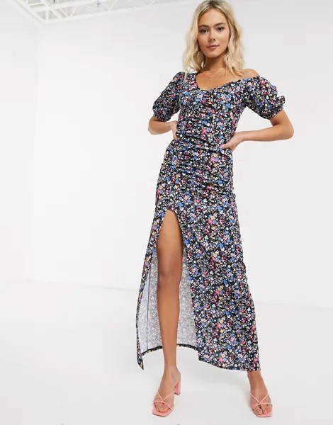 Платье макси со спущенным плечом и цветочным принтом ASOS DESIGN-Многоцветный