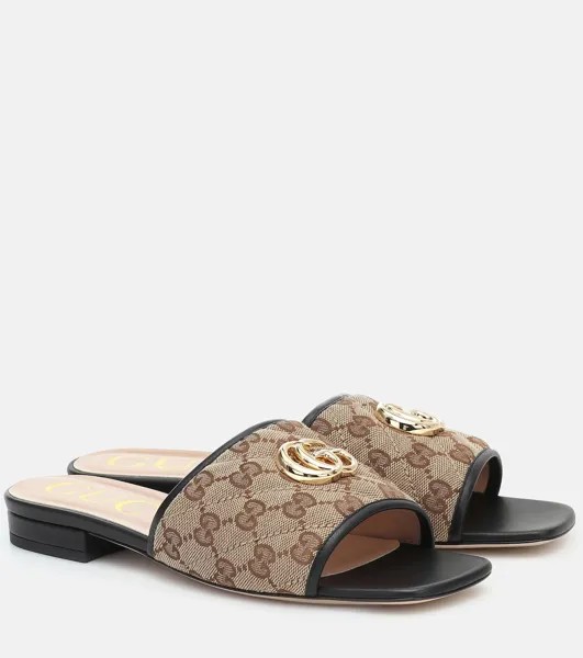 Холщовые шлепанцы с кожаной отделкой GG Gucci, коричневый