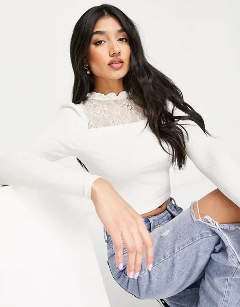 Лонгслив с кружевной вставкой и оборками на горловине Miss Selfridge-Белый