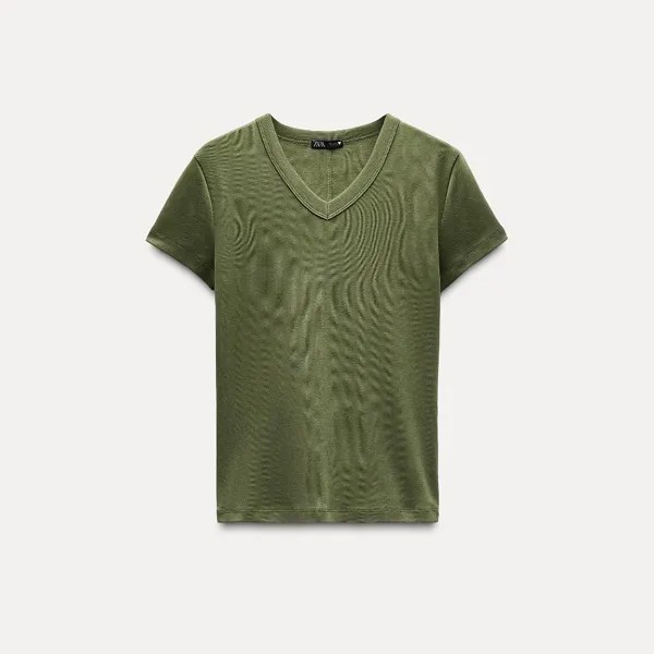 Футболка Zara V-neck Cotton, хаки