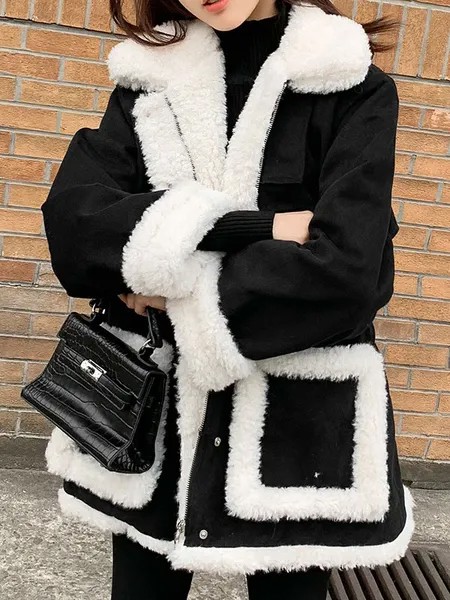 Milanoo Puffer Coats For Women Black Turndown Collar Faux Fur Long Sleeves Short Winter Outerwear