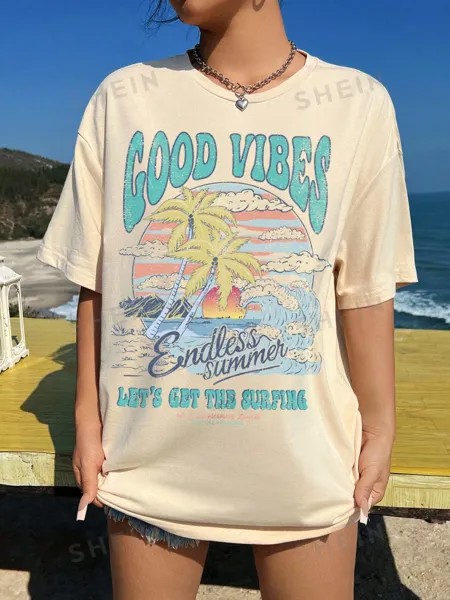 SHEIN EZwear женская футболка с коротким рукавом для отдыха и туристических достопримечательностей с принтом слогана для летних каникул, абрикос