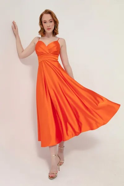 Женское оранжевое атласное вечернее платье миди с поясом на талии и выпускное платье Lafaba, оранжевый