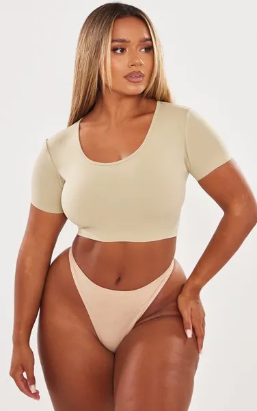 PrettyLittleThing Укороченная футболка Shape Taupe со скульптурным вырезом и овальным вырезом